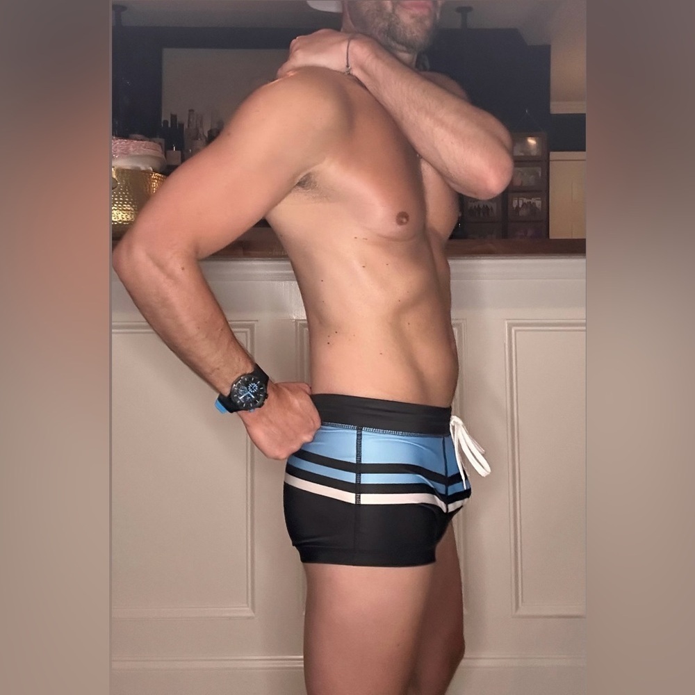 Cassis Square Cut Swim Trunks in Blue, Black & White (Medium / 30-32" Waist) - Picture 11 of 13